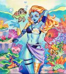  1girl absurdres air_bubble alt_text arm_up armor armpits bikini blonde_hair blue_bikini blue_eyes blue_lips blue_skin bracer breasts bubble cleavage closed_mouth clownfish colored_eyelashes colored_skin commentary earrings english_commentary fish gouache_(medium) highres hoop_earrings jellyfish jewelry large_breasts long_hair marvel marvel_snap namorita_prentiss navel octopus official_art painting_(medium) rian_gonzales sarong shoulder_armor solo swimsuit thigh_gap traditional_media turtle underwater watercolor_(medium) 