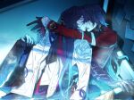  2boys ashveil_(honkai:_star_rail) belt black_hair blade_(honkai:_star_rail) blue_hair commentary cutoffs earrings engaaaaa5 finger_claws gloves grey_eyes hair_ornament hair_over_one_eye highres honkai:_star_rail honkai_(series) imminent_kiss jacket jewelry long_hair looking_back male_focus mortenax_blade_(honkai:_star_rail) multiple_boys pants parted_lips single_glove untranslatable_commentary very_long_hair yaoi yellow_eyes 