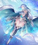  1girl armor ass_visible_through_thighs bird blue_cape blue_eyes blue_hair blue_sky bodysuit breasts cape clothing_cutout collared_leotard commentary_request copyright_name detached_sleeves dreizehn_(shadowverse) dual_wielding energy_gun full_body gloves hair_between_eyes highres hip_armor holding holding_energy_gun holding_weapon hood hooded_cape large_breasts looking_at_viewer medium_hair official_art outdoors parted_lips shadowverse shadowverse:_worlds_beyond shoulder_armor side_cutout sky solo thick_thighs thighs two-sided_cape two-sided_fabric weapon white_bird white_bodysuit white_cape white_gloves yanagawa_eri 