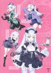  1girl absurdres ass bag bicycle bike_shorts black_socks bow bowtie breasts choco_(chocolate_shop) cowboy_shot cup drink_carton fate/grand_order fate_(series) frills garter_straps green_bow green_bowtie hair_ornament hairclip highres hood hooded_jacket hoodie jacket juice_box kneehighs lace-trimmed_thighhighs lace_trim leaning_forward long_hair looking_at_viewer maid maid_headdress mask melusine_(fate) necktie official_alternate_costume official_alternate_hairstyle official_artist_extra pants pink_background pleated_skirt ponytail purple_hoodie red_necktie road_bicycle scan school_bag school_uniform serafuku sidelocks skirt small_breasts smile socks teacup teapot thighhighs tight_clothes tight_pants tray white_hair yellow_eyes zettai_ryouiki 