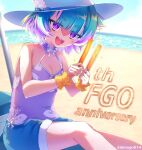  1girl aqua_hair bare_shoulders beach blue_shorts breasts camisole commentary_request cutoffs denim denim_shorts fate/grand_order fate_(series) floral_print food hat hat_feather highres kibinago_(kibinago614) locusta_(fate) locusta_(over_the_same_sky)_(fate) looking_at_viewer multicolored_hair open_mouth popsicle purple_camisole purple_eyes purple_hair sharp_teeth shore short_hair short_shorts shorts sitting small_breasts smile solo sparkle sun_hat teeth two-tone_hair white_hat wrist_cuffs 