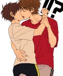  !? 2boys black_pants closed_eyes commentary_request daiya_no_ace fingernails from_side grey_pants hand_on_another's_back holding_another's_wrist leg_between_thighs male_focus miyuki_kazuya multiple_boys pants red_shirt sawamura_eijun shirt short_hair sideburns simple_background tan05 track_pants white_background white_shirt yaoi 