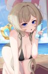  1girl alternate_costume arm_support beach beach_towel beach_umbrella bikini black_bikini blue_eyes blush braid braided_base breasts brown_hair bun_with_braided_base collarbone commentary_request day flower fuyunash1 genshin_impact hair_bun hair_flower hair_ornament highres holding_sunscreen kneehighs large_breasts long_sidelocks looking_at_viewer ocean open_mouth outdoors sand sandrone_(genshin_impact) short_hair_with_long_locks sidelocks single_hair_bun socks solo swimsuit towel umbrella winding_key 