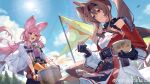  2girls :d absurdres angelina_(arknights) angelina_the_mellow_wish_(arknights) animal_ear_fluff animal_ears arknights black_collar black_gloves black_hairband black_skirt bowl brown_hair capelet carrot chinese_commentary chopsticks cloud collar commentary_request cooking_pot cowboy_shot day detached_sleeves dress fingerless_gloves fox_ears fox_girl gloves hair_between_eyes hairband highres holding holding_bowl holding_chopsticks holding_cooking_pot infection_monitor_(arknights) long_hair long_sleeves looking_at_another multiple_girls open_mouth orange_gloves outdoors pink_eyes pink_hair pink_shirt rabbit_ears rabbit_girl red_eyes shirt skirt sky smile standing sun tent thumpy_(arknights) twintails watermark weibo_watermark white_capelet white_dress yilansideless 