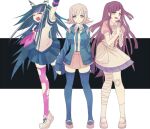  3girls apron arm_up asymmetrical_legwear bandaged_arm bandaged_leg bandages bandaid bandaid_on_knee bandaid_on_leg black_hair blue_hair blue_jacket blue_skirt blue_streaks blue_thighhighs bobpict brown_hair brown_skirt closed_eyes closed_mouth collared_shirt commentary_request danganronpa_(series) danganronpa_2:_goodbye_despair full_body hair_horns hair_ornament hood hood_down hooded_jacket jacket long_hair long_sleeves mioda_ibuki mismatched_legwear mismatched_thighhighs multicolored_hair multiple_girls nanami_chiaki neck_ribbon neckerchief open_clothes open_jacket open_mouth own_hands_together pink_eyes pink_hair pink_neckerchief pink_ribbon pink_shirt pink_shoes pink_streaks puffy_short_sleeves puffy_sleeves purple_eyes purple_hair ribbon school_uniform serafuku shirt shoelaces shoes short_hair short_sleeves simple_background skirt smile socks standing streaked_hair teeth thighhighs torn_clothes torn_thighhighs tsumiki_mikan two-tone_background upper_teeth_only very_long_hair white_apron white_hair white_shoes white_skirt white_socks 
