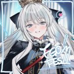  1girl anniversary blue_eyes blush commentary_request crown fate/grand_order fate_(series) fur_trim grey_hair hair_ribbon heart highres jacket looking_at_viewer morgan_le_fay_(fate) morgan_le_fay_(fgo_fes._2026)_(fate) neck_ribbon okchun open_mouth ponytail ribbon shirt smile solo spoken_heart upper_body 
