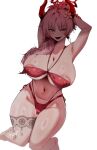  1girl areola_slip armpits arms_behind_head arms_up bikini black_horns black_pubic_hair blue_archive blush breasts cleavage collarbone commentary covered_nipples earrings fangs female_pubic_hair fingernails hair_intakes halo highres hoop_earrings horns huge_breasts jewelry kneeling large_areolae long_hair looking_at_viewer mismatched_pubic_hair multicolored_horns nail_polish navel open_mouth pink_hair pubic_hair pubic_hair_peek red_bikini red_halo red_horns red_nails ring_light_reflection satsuki_(blue_archive) satsuki_(swimsuit)_(blue_archive) signature simple_background smile so_dasui1 solo stomach sweat swimsuit teeth thigh_strap thighs two-tone_horns white_background yellow_eyes 