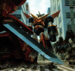  building burning burning_vehicle choukou_senki_kikaioh crosswalk dixen dust_cloud from_below helmet holding holding_sword holding_weapon huge_weapon imminent_fight kikaioh lamppost mariou_shogun_gourai mecha motor_vehicle motorcycle motorcycle_helmet official_art on_motorcycle overcast riding riding_motorcycle robot rubble sensei_haruki_suetsugu sky skyscraper super_robot sword third-party_source tree weapon 