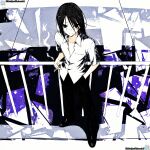  1boy abstract_background black_eyes black_hair black_pants broken_glass cigarette collared_shirt fence full_body glass hand_in_pocket highres holding holding_cigarette kristianmaksak5 looking_at_viewer male_focus medium_hair open_clothes open_shirt pants purple_theme railing shirt short_sleeves smoke smoking standing subarashiki_hibi unbuttoned unbuttoned_shirt watermark weirdcore white_shirt yuuki_tomosane 