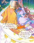  1boy 1girl aang artist_name avatar_aang:_the_last_airbender avatar_legends balcony bald beads blue_dress blue_eyes breasts brown_hair capelet couple dark-skinned_female dark_skin dress english_text falling_leaves hair_beads hair_ornament hand_in_another's_hair hand_on_own_stomach head_tattoo hetero katara lacampanule leaf long_dress long_hair looking_at_another medium_breasts orange_capelet parted_bangs pendant_choker pregnant 