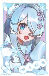  1girl aqua_eyes artist_name blue_hair border character_name commentary elira_pendora fang hair_intakes hair_over_one_eye head_wings holyyyys jersey_maid looking_at_viewer maid maid_headdress nijisanji nijisanji_en portrait sleeves_past_fingers sleeves_past_wrists solo twitter_username unconventional_maid virtual_youtuber white_border wings 