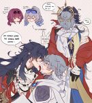  2boys 2girls =_= absurdres ahoge arrow_(symbol) artist_name bandaged_chest bandaged_hand bandages bandages_over_clothes black-framed_eyewear black_gloves black_hair blade_(honkai:_star_rail) blue_cape blue_hair blush bracelet buttons cape chinese_clothes closed_eyes closed_mouth commentary crossed_bangs diamond_mouth drill_hair earrings english_commentary english_text eyewear_on_head feathered_wings from_behind from_side gloves gold_bracelet gold_earrings gradient_hair grey_hair hair_between_eyes hair_over_one_eye half-closed_eyes halo halo_behind_head hand_up head_only head_wings highres holding_another's_wrist honkai:_star_rail honkai_(series) hug jacket jewelry kafka_(honkai:_star_rail) kiss lapels long_hair long_sleeves looking_at_another low_ponytail maki0xu male_focus mortenax_blade_(honkai:_star_rail) multicolored_hair multiple_boys multiple_girls necklace open_clothes open_jacket open_mouth pearl_earrings piercing pink_background pink_eyes polka_dot polka_dot_background ponytail purple-tinted_eyewear purple_hair purple_shirt red_eyes red_jacket round_eyewear scarf shirt short_hair sidelocks silver_wolf_(honkai:_star_rail) silver_wolf_(lv.999)_(honkai:_star_rail) single_earring single_glove smile smirk speech_bubble standing streaked_hair sunday_(honkai:_star_rail) sunglasses sweatdrop tassel tassel_earrings tinted_eyewear turtleneck turtleneck_shirt two-tone_hair upper_body very_long_hair wavy_hair white_hair white_jacket white_scarf wide_sleeves wing_piercing wings yaoi yellow_cape yellow_eyes 