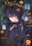  absurdres animal_print bat_print black_hair black_shirt blurry blurry_background brooch chinese_commentary commentary_request crossed_bangs curled_fingers degrees_of_lewdity double-parted_bangs english_text foreground_text from_side gem ghost green_eyes hair_between_eyes hair_ornament halloween halloween_costume hand_on_own_chest hand_up heart high_collar highres inverted_eyelashes jack-o'-lantern jack-o'-lantern_hair_ornament jewelry kou78193 kylar_(degrees_of_lewdity) kylar_(male)_(degrees_of_lewdity) layered_ascot long_sleeves looking_down male_focus nervous_smile raised_inner_eyebrows red_gem red_pupils shirt short_hair silk skeleton_print smile solo sparkle spider_web stitched_face stitches sweatdrop symbol-shaped_pupils upper_body very_short_hair 