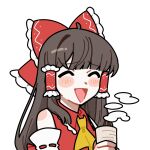  1girl ^_^ animated animated_gif ascot blush bow brown_hair closed_eyes commentary_request cup detached_sleeves frilled_bow frilled_hair_tubes frills hair_bow hair_tubes hakurei_reimu highres hinohari_(user_wzxk7585) holding holding_cup long_hair looping_animation red_bow ribbon-trimmed_sleeves ribbon_trim simple_background solo talking touhou transparent_background yapping yellow_ascot yunomi 