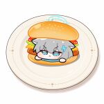  1girl :< blue_archive blue_eyes blue_halo blue_scarf blush burger chibi chibi_only closed_mouth commentary cross_hair_ornament english_commentary food full_body grey_hair hair_between_eyes hair_ornament halo highres in_food mini_person minigirl nogumaru plate scarf shiroko_(blue_archive) short_hair simple_background solo v-shaped_eyebrows white_background 