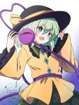  1girl black_hat blush bow buttons collared_shirt commentary_request diamond_button disembodied_linked_eye eyeball floral_print frilled_shirt_collar frilled_sleeves frills green_eyes green_hair green_skirt hair_between_eyes hat hat_bow heart heart_of_string highres koishi_day komeiji_koishi kuromame_45 long_sleeves looking_at_viewer medium_hair open_mouth print_skirt rose_print shirt skirt smile solo touhou watermark wide_sleeves yellow_bow yellow_shirt 