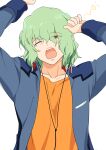  1boy arms_up collarbone commentary_request eyes_visible_through_hair green_hair gundam gundam_seed hair_between_eyes half-closed_eye head_tilt highres jacket kamuraaa_615 long_sleeves male_focus medium_hair messy_hair one_eye_closed open_clothes open_jacket open_mouth orange_shirt shani_andras shirt simple_background sleepy solo squeans straight-on tearing_up teeth upper_body upper_teeth_only wavy_hair white_background yawning yellow_eyes 