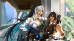  2girls absurdres ahoge bare_shoulders black_hair blue_eyes blurry blurry_background blush breasts cleavage colored_inner_hair commentary dress earrings female_rover_(wuthering_waves) gloves hair_intakes highres jewelry kabedon large_breasts lennykaise long_hair long_sleeves looking_at_another multicolored_hair multiple_girls open_mouth rover_(wuthering_waves) teeth triangle_earrings twitter_username wuthering_waves yangyang_(wuthering_waves) yangyang_(xuanling)_(wuthering_waves) yellow_eyes 