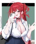  1girl :d ahoge akane_lize blonde_streaks blue_skirt blush breasts cellphone cleavage collared_shirt commentary_request cowboy_shot cross cross_earrings ear_chain ear_piercing earrings fang fingernails grey_eyes gyaru hair_ornament hairclip hands_up holding holding_phone huge_breasts jewelry kiro_(kirotayu) korean_commentary linked_piercing long_fingernails mole mole_under_eye multicolored_hair one_side_up open_mouth partially_unbuttoned phone piercing pleated_skirt red_nails school_uniform shirt shirt_tucked_in skin_fang skirt smartphone smile solo standing stellive streaked_hair three-quarter_sleeves unfinished virtual_youtuber white_shirt 