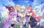 5girls :d animal_ears arm_up armpits black_dress black_horns blonde_hair blue_eyes blue_sky breasts cleavage cloud colored_inner_hair commentary cow_ears cow_girl cow_horns cow_tail day double_bun dragon dragon_girl dragon_horns dragon_wings dress duplicate eimi_isami english_commentary goggles goggles_on_head grass hair_bun hamster_ears hamster_girl hansum highres hikanari_hina horizon horns jacket long_hair long_sleeves looking_at_viewer medium_breasts multicolored_hair multiple_girls muu_muyu official_art open_mouth outdoors phase_connect phase_euphoria purple_eyes purple_hair red_eyes red_hair runie_ruse runie_ruse_(1st_costume) saya_sairroxs short_hair sky sleeves_past_fingers sleeves_past_wrists smile standing tail thighhighs virtual_youtuber w western_dragon white_hair white_jacket white_thighhighs wings 