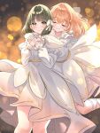  2girls 6th_live_dream_~bloom_garden_party~ ^_^ absurdres black_hair blurry blush bokeh cerise_bouquet closed_eyes closed_mouth commentary_request depth_of_field dress feet_out_of_frame frilled_dress frills green_eyes highres hikari_no_naka_de_hana_saite hinoshita_kaho hug hug_from_behind love_live! love_live!_hasu_no_sora_jogakuin_school_idol_club love_live!_hasu_no_sora_jogakuin_school_idol_club_bloom_garden_party medium_hair momose_ginko multiple_girls nekomaru_nisei orange_background orange_hair short_hair simple_background smile speech_bubble white_dress 