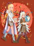  1boy 1girl absurdres aged_down ahoge ascot black_boots black_capelet black_dress black_pantyhose black_shoes black_shorts blonde_hair blue_ascot blue_eyes book boots braid cape capelet child chinese_commentary closed_mouth collared_capelet commentary_request dress english_text fate/grand_order fate_(series) feathers full_body globe grey_vest hair_between_eyes hair_ribbon highres holding holding_book holding_globe holy_grail_(fate) kirschtaria_wodime light_smile long_hair long_sleeves looking_at_viewer olga_marie_animusphere olga_marie_animusphere_(young) orange_ribbon pantyhose red_background ribbon shirt shoes shorts side_braid side_cape sngmyqng2 socks spotlight star_(symbol) streamers vest walking white_cape white_feathers white_hair white_shirt white_socks yellow_eyes 