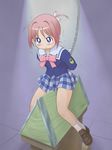  :t ahoge amamiya_manami blue_eyes blush bow chain gakuen_utopia_manabi_straight! hico6 pink_bow pink_hair plaid plaid_skirt school_uniform seiou_gakuen_school_uniform short_hair skirt solo wooden_horse 