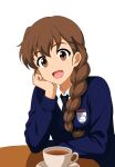  1girl black_necktie blue_sweater braid brown_eyes brown_hair collared_shirt commentary_request cup girls_und_panzer hair_ornament hairclip head_on_hand highres long_hair long_sleeves looking_at_viewer necktie open_mouth rukuriri_(girls_und_panzer) saucer school_uniform shirt simple_background single_braid sitting smile solo st._gloriana's_school_uniform sukusuto5koharu sweater table teacup upper_body v-neck white_background white_shirt 