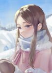  1girl absurdres blue_scarf bow brown_hair brown_mittens closed_mouth coat commentary expressionless forest highres long_hair looking_at_viewer mawaru_penguindrum mittens nature outdoors penguin_3-gou pink_coat purple_eyes red_bow scarf snow sunflower_hua1 takakura_himari upper_body winter 