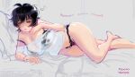  1girl absurdres artist_name barefoot black_bra black_hair black_panties bra breasts commentary copyright_name english_commentary half-closed_eyes highres kowloon_generic_romance kujirai_reiko large_breasts lying mango-nectar messy_hair mole mole_under_eye nightgown on_bed on_side panties pillow saliva saliva_trail see-through_clothes see-through_shirt shirt short_hair sleepy solo squeans strap_slip thighs underwear underwear_only waking_up white_nightgown 
