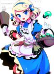  1girl absurdres apron basket bell belt blonde_hair blue_dress blue_eyes buttons commentary_request dress farmer_(sekaiju) farmer_4_(sekaiju) gloves highres holding holding_basket konyak9konnya9 looking_at_viewer mushroom odaibako open_mouth puffy_short_sleeves puffy_sleeves scissors sekaiju_no_meikyuu sekaiju_no_meikyuu_3 short_hair short_sleeves smile solo white_apron white_background white_gloves 