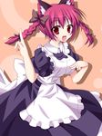  alternate_costume animal_ears apron bad_id bad_pixiv_id blush braid breasts cat_ears enmaided fang hair_ribbon highres kaenbyou_rin kuromari_(runia) large_breasts maid open_mouth pointing pointing_up red_eyes red_hair ribbon solo touhou twin_braids 