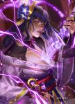 1girl between_breasts blunt_bangs braid breasts bridal_gauntlets cederus cleavage clothing_cutout drawing_sword electricity electro_symbol_(genshin_impact) english_commentary fan_hair_ornament from_side genshin_impact glowing glowing_sword glowing_weapon highres holding holding_sword holding_weapon human_scabbard japanese_clothes katana kimono long_sleeves looking_at_viewer looking_to_the_side mitsudomoe_(shape) musou_isshin_(genshin_impact) off_shoulder parted_lips purple_eyes purple_hair purple_kimono purple_nails raiden_shogun red_background red_sash sash shade shoulder_cutout single_braid solo sword sword_between_breasts tomoe_(symbol) upper_body very_long_braid weapon weapon_between_breasts wide_sleeves 