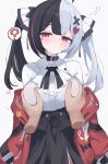  1girl black_hair black_skirt blush breasts brown_eyes commentary disembodied_hand hair_ribbon highres hone_kawa jacket lacrimosa_(nte) large_breasts long_hair long_sleeves looking_at_viewer multicolored_hair neverness_to_everness red_jacket red_streaks ribbon shirt skirt split-color_hair streaked_hair twintails two-tone_hair white_hair white_shirt 