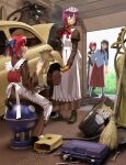  4girls android apron bamboo_broom black_cat black_hair blue_eyes broom car cat closed_eyes commentary english_commentary garage hairband highres hisui_(tsukihime) indoors juliet_sleeves kohaku_(tsukihime) korrubalt len_(cat)_(tsukihime) len_(tsukihime) long_hair long_skirt long_sleeves maid maid_headdress mecha_hisui motor_vehicle multiple_girls neco-arc puffy_sleeves red_hair red_skirt short_hair sitting skirt sleepy standing tohno_akiha tsukihime white_apron white_hairband 