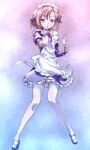 1girl :o apron arm_ribbon black_dress boku_wa_tomodachi_ga_sukunai brown_eyes brown_hair card commentary_request dress flower frilled_apron frills full_body gradient_background hair_flower hair_ornament highres holding holding_card kusunoki_yukimura long_sleeves looking_at_viewer maid maid_apron maid_headdress neck_ribbon official_artist_extra reaching reaching_towards_viewer red_ribbon ribbon shoes short_hair solo thighhighs watanabe_yoshihiro white_apron white_thighhighs zettai_ryouiki 