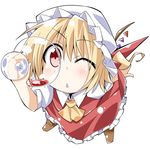  :&lt; ;&lt; ascot bibi blonde_hair blush chibi cup drinking_glass face flandre_scarlet foreshortening hat one_eye_closed red_eyes simple_background solo touhou wine_glass wings 
