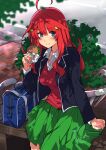  1girl absurdres ahoge bag bench black_jacket blazer blue_bag blue_eyes blush breasts burger closed_mouth collared_shirt commentary_request dappled_sunlight food go-toubun_no_hanayome green_skirt hair_between_eyes hair_ornament highres holding holding_food jacket kagari_liroi long_hair long_sleeves looking_at_viewer nakano_itsuki on_bench open_clothes open_jacket outdoors park_bench pleated_skirt red_hair red_sweater school_bag school_uniform shirt sitting skirt smile solo star_(symbol) star_hair_ornament sunlight sweater sweater_vest white_shirt 