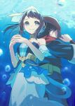  1boy 1girl absurdres adjusting_clothes adjusting_headwear air_bubble akari_(pokemon) akari_(summer_2026)_(pokemon) bare_shoulders black_hair blue_eyes bubble commentary_request hat highres hitotose_rinne medium_hair pokemon pokemon_legends:_arceus pokemon_masters_ex red_hat red_scarf rei_(pokemon) scarf submerged underwater water 