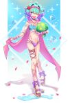  1girl absurdres alternate_costume alternate_hairstyle bikini blue_bikini blue_hair blush bridal_gauntlets bubble cape commentary_request fate/grand_order fate_(series) flower hair_flower hair_ornament highres hip_tattoo holding holding_mushroom kibinago_(kibinago614) locusta_(fate) looking_at_viewer multicolored_hair mushroom nail_polish one_eye_closed open_mouth petals pink_cape pink_nails platform_sandals purple_bikini purple_eyes purple_hair purple_sandals red_flower sandals sharp_teeth short_hair short_twintails smile solo swimsuit tattoo teeth thigh_strap toenail_polish toenails twintails two-tone_hair upper_teeth_only water wet 