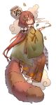  1girl bottle brown_eyes brown_hair checkered_clothes checkered_scarf chinese_commentary commentary_request falling_leaves full_body futatsuiwa_mamizou futatsuiwa_mamizou_(human) glasses hair_ornament haori highres holding holding_smoking_pipe japanese_clothes leaf leaf_hair_ornament long_sleeves long_tail looking_at_viewer raccoon_tail sake_bottle scarf shouxishao_jiuyuan simple_background smile smoke smoking_pipe solo tail touhou white_background wide_sleeves 