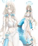 12xiaopumpit29 1girl absurdres alternate_costume alternate_hairstyle asuna_(blue_archive) bikini blonde_hair blue_archive blue_bow blue_eyes blue_halo blue_sandals blush bow breasts cleavage commentary_request cropped_shirt full_body grin hair_bow hair_over_one_eye hair_over_shoulder halo highres holding holding_swim_ring holding_water_gun large_breasts long_hair mole mole_on_breast navel off-shoulder_shirt off_shoulder partial_commentary sandals sarong see-through_clothes see-through_sarong see-through_shirt shirt short_sleeves smile solo stomach swim_ring swimsuit toes very_long_hair water_gun white_bikini white_shirt zoom_layer 