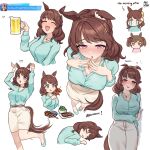 2girls :d :o :t ? ?? alcohol animal_ears aqua_shirt beer beer_mug belt blush breasts brown_hair chewing chibi chibi_inset closed_eyes closed_mouth commentary cup drooling drunk drunkyapsession ear_scrunchie eating english_text hair_ornament hairclip highres holding holding_cup holding_skewer horse_ears horse_girl horse_tail light_hello_(umamusume) looking_at_viewer mug multiple_girls multiple_views open_mouth pink_belt shirt simple_background skewer sleeping smart_falcon_(umamusume) smile squeans tail twitter_username umamusume white_background 