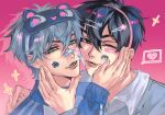  2boys absurdres aksilmor alien_stage bandaid bandaid_on_face bandaid_on_nose black_eyes black_hair black_mask blue_jacket character_sticker collared_shirt commentary fang fang_out green_eyes grey_hair hairband hand_on_another's_face heart highres ivan_(alien_stage) jacket male_focus mask mask_on_head multiple_boys one_eye_closed pink_background pink_hairband red_pupils shirt sparkle spoken_heart sticker sticker_on_face till_(alien_stage) untranslatable_commentary white_shirt 