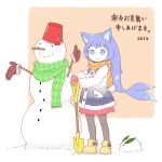  1girl 2016 animal_ears black_pantyhose blue_eyes blue_jacket boots bucket buttons cat_ears cat_girl closed_mouth commentary_request diode_(0_division) full_body fur-trimmed_jacket fur_trim green_scarf highres holding holding_shovel jacket long_hair long_sleeves looking_at_viewer mittens orange_scarf original pantyhose plaid_clothes plaid_scarf pleated_skirt purple_hair red_skirt scarf shovel skirt smile snowman solo standing translation_request yellow_boots 
