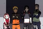  black_eyes black_hair blonde_hair blush eyes_closed facial_mark gloves green_eyes grin haruno_sakura kamoi_hayato leaning_forward naruto pink_hair sai short_hair smile standing uzumaki_naruto v vest wink yamato_(naruto) 