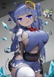  2girls absurdres ahoge alternate_breast_size_(larger) alternate_hair_length_(longer) arrow_(projectile) bikini black_gloves blue_bikini blue_bow blue_eyes blue_hair blue_skirt bow bowtie breasts chinese_commentary cirno commentary cross-laced_clothes daiyousei detached_wings earrings flower gloves grey_background hair_bow hair_flower hair_ornament highres ice ice_wings jewelry large_breasts long_hair microskirt multiple_girls red_bow red_bowtie signature skirt solo_focus speech_bubble sunflower swimsuit thighhighs tongue tongue_out touhou white_thighhighs wings xin_wuwu 