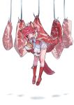  1girl ahoge akami_karubi animal_ears blonde_streaks bloomers blue_bow blue_eyes blunt_bangs boots bow burger cloak commentary crazy_raccoon crown dress eating fang fish_hook food frills full_body hair_bow hanging highres holding holding_burger holding_food long_sleeves looking_at_viewer meat multicolored_hair red_boots red_bow red_cloak red_hair sai_saburou sleeves_past_wrists solo streaked_hair tail underwear untranslatable_commentary virtual_youtuber wide_sleeves 