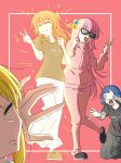  4girls \m/ ^_^ absurdres blonde_hair blue_hair bocchi_the_rock! closed_eyes commentary_request covering_own_eyes glowing gotoh_hitori highres ijichi_nijika jacket kita_ikuyo long_skirt mayo_(oekaki_bibbi) multiple_girls pink_hair red_hair simple_background skirt sunglasses track_jacket track_suit v yamada_ryo 