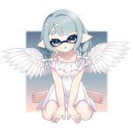  1girl angel_wings arms_between_legs barefoot blue_background blue_eyes blue_hair blue_tongue brown_background collarbone colored_tongue commentary_request dress frilled_dress frills gradient_background hair_ornament hair_ribbon highres inkling inkling_girl inkling_player_character looking_at_viewer open_mouth pointy_ears ribbon short_eyebrows sitting solo sparkle_background splatoon_(series) sushizanmai0524 tentacle_hair thick_eyebrows thighs toes wariza white_background white_dress white_ribbon white_wings wing_hair_ornament wings 